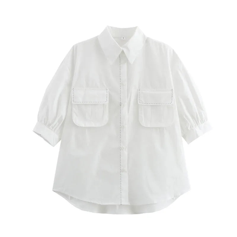 Women's Fashion Casual White Short Sleeve Shirt White Cotton Button Shirt Lapel Collar Half Sleeve Loose Fit Casual Blouse 8GDK