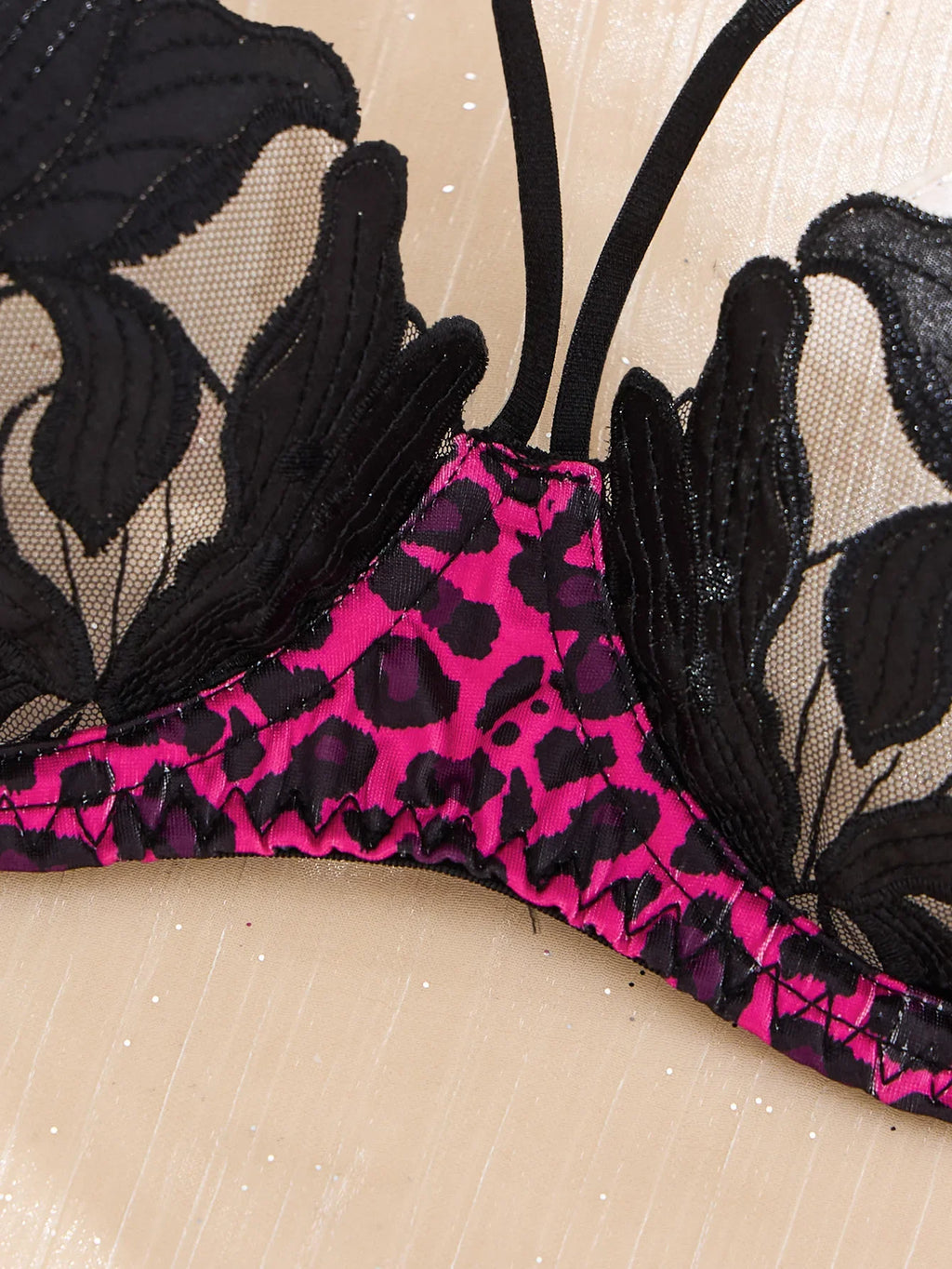 Sweet and cool rose-pink leopard print floral embroidery lingerie set - Hot girl style mesh 3/4 cupped bra thong set ZA825183