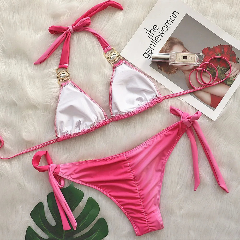 3 Colors Sexy Bikini Women Gradient Swimwear Swimsuit Luxe Crystal Diamond Halter Knot Strap Bikinis Set Bathing Suit Biquinis