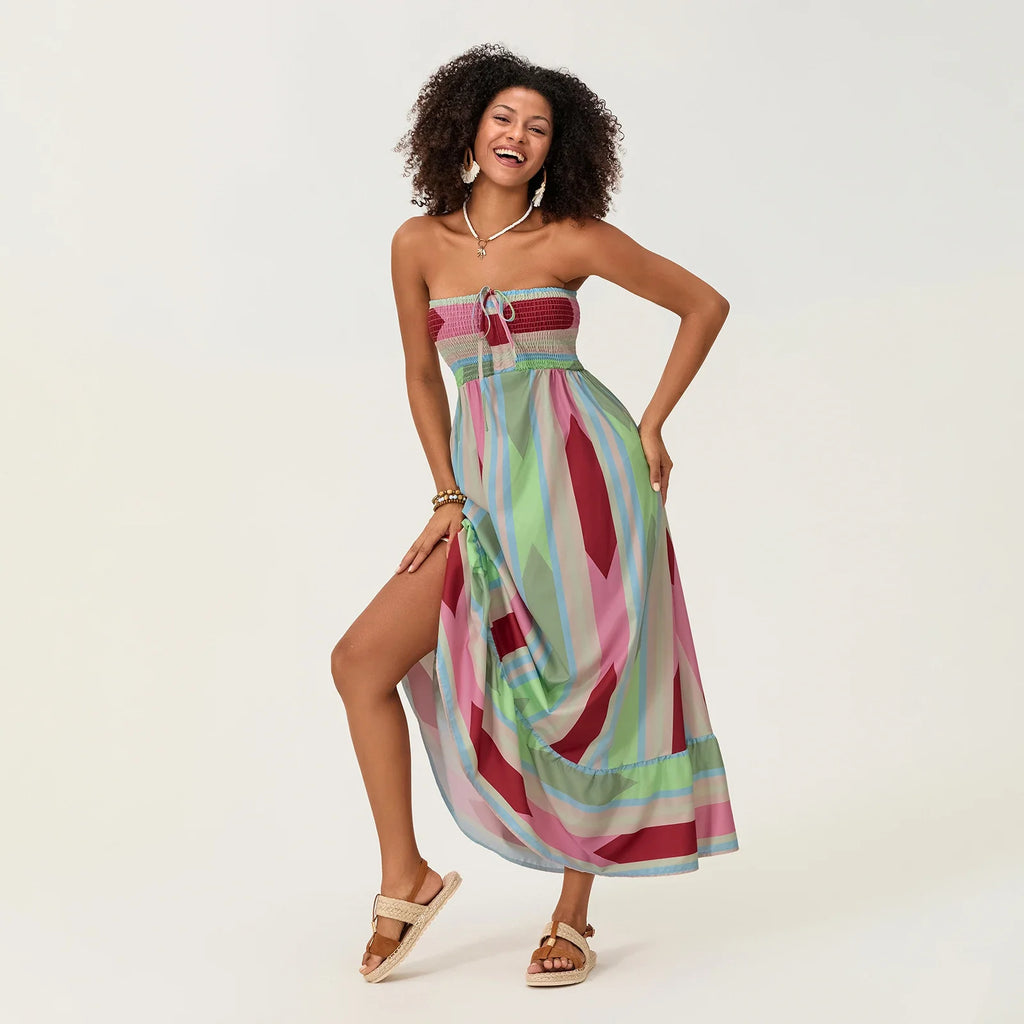 Women's Sleeveless Strapless Long Dress Bohemian Sleeveless Drawstring Loose Tube Dress Summer Holiday Beach Dress