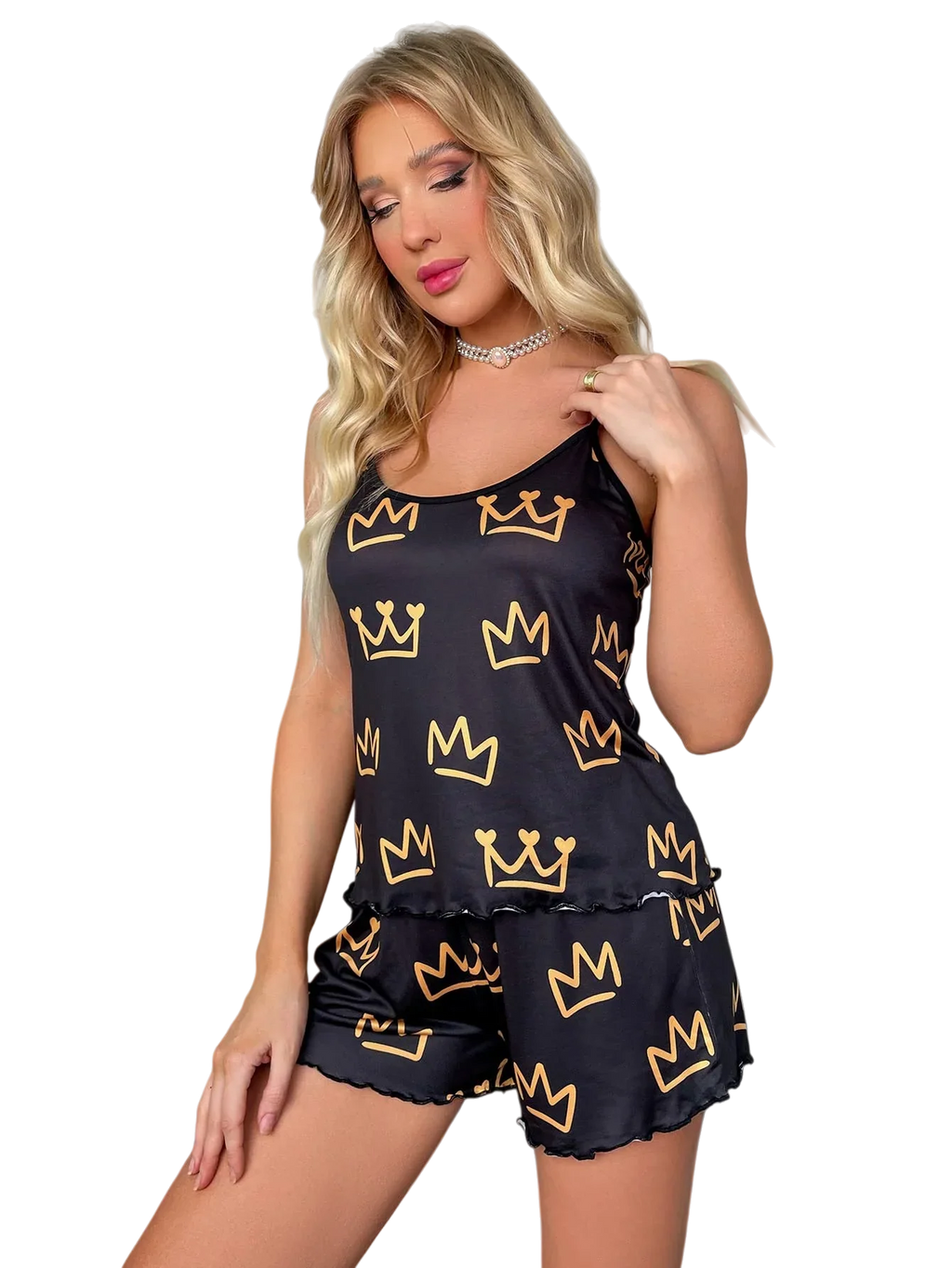 Women’s Satin Spaghetti Strap Pajama Set, Crown-Print Two-Piece Sleepwear, Soft & Comfortable Nightwear, Cute Loungewear