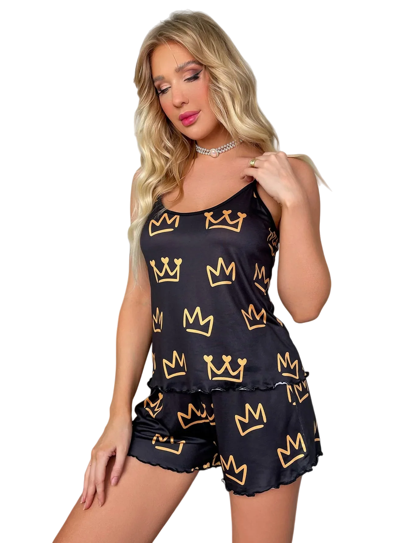 Women’s Satin Spaghetti Strap Pajama Set, Crown-Print Two-Piece Sleepwear, Soft & Comfortable Nightwear, Cute Loungewear