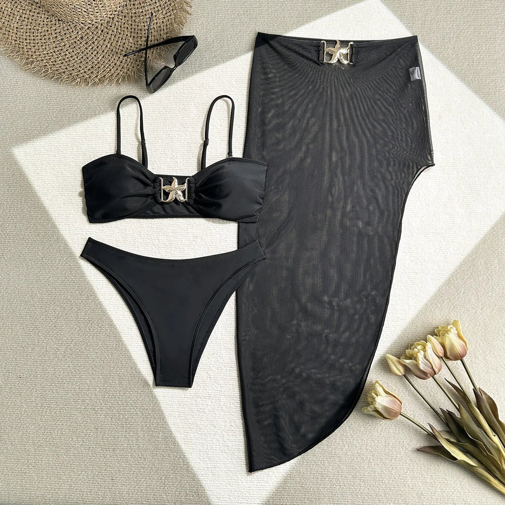 Sexy White Black Skirt 3 Piece Bikini Set 2025 Women Starfish Ornament Push Up High Waist Swimsuit Beach Bathing Suit Swimwear
