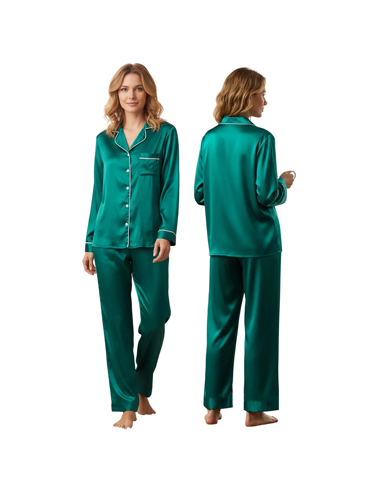 Women's Satin Two Pieces Pajama Sets Fashionable Contrast Color Trim Long Sleeve Button Down Tops with Pants Soft Sleepwear