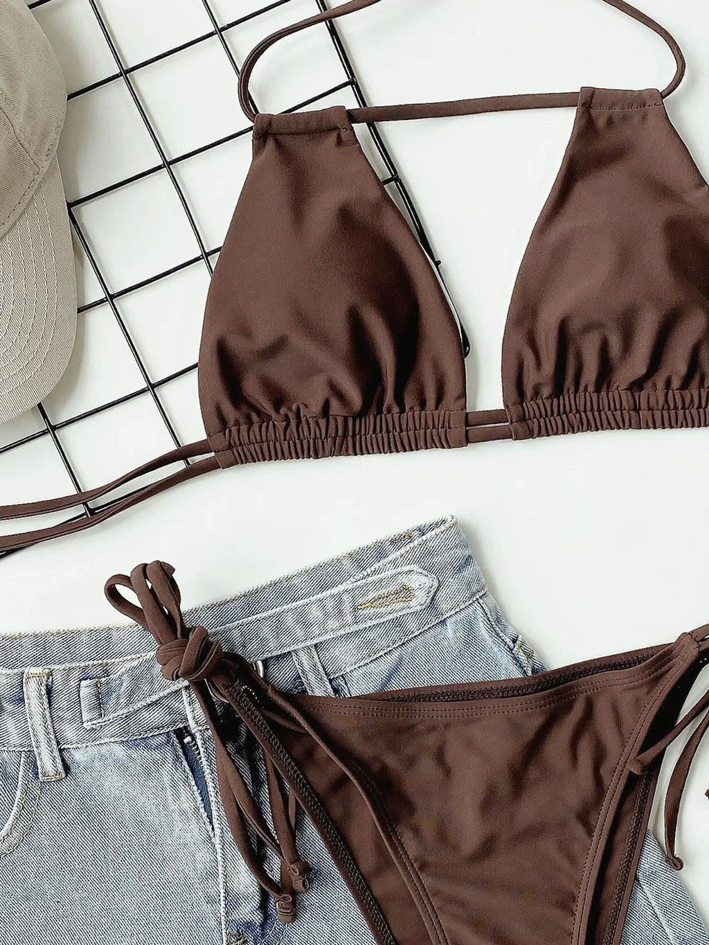 2026 Sexy Bikini Women Swimsuit Swimwear Brown Hollow Halter Double Ropes Bikinis Set Bathing Suit Beach Bikini Female Banadores