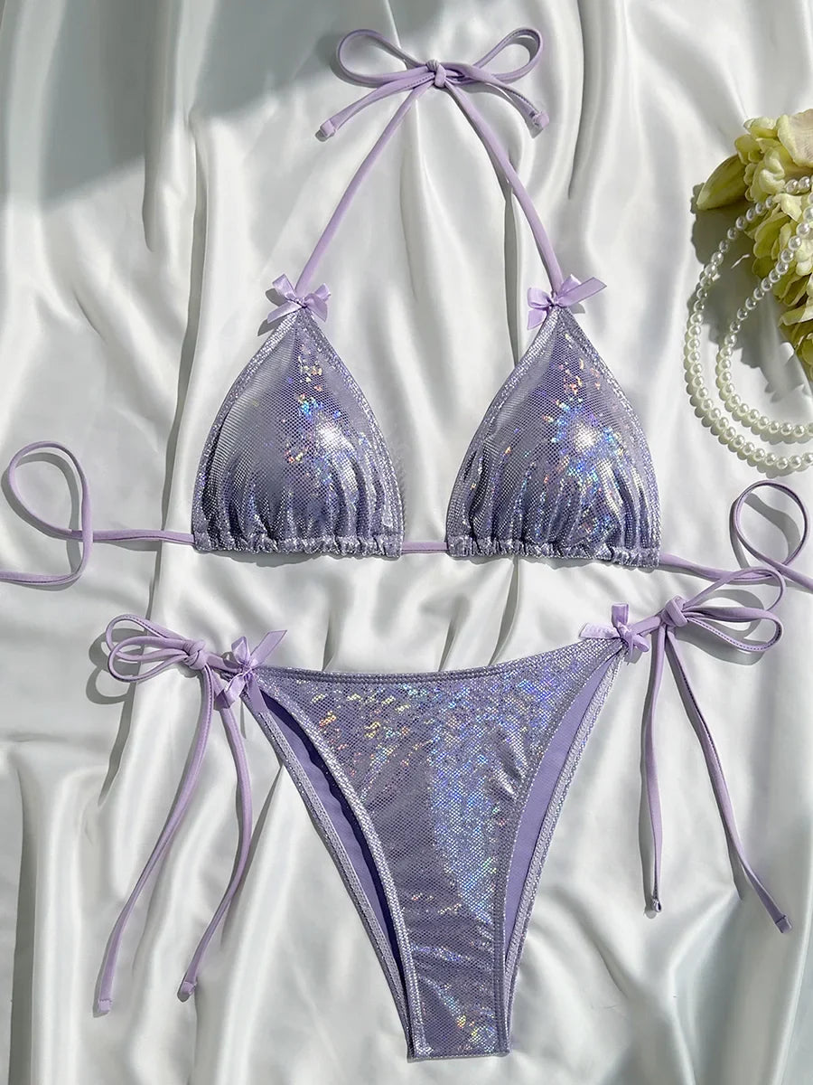 Sparkling Glitter Halter Bow Bikini Female Swimsuit Women Swimwear Two-pieces Bikini Set High Cut Bather Bathing Suit Swim Lady