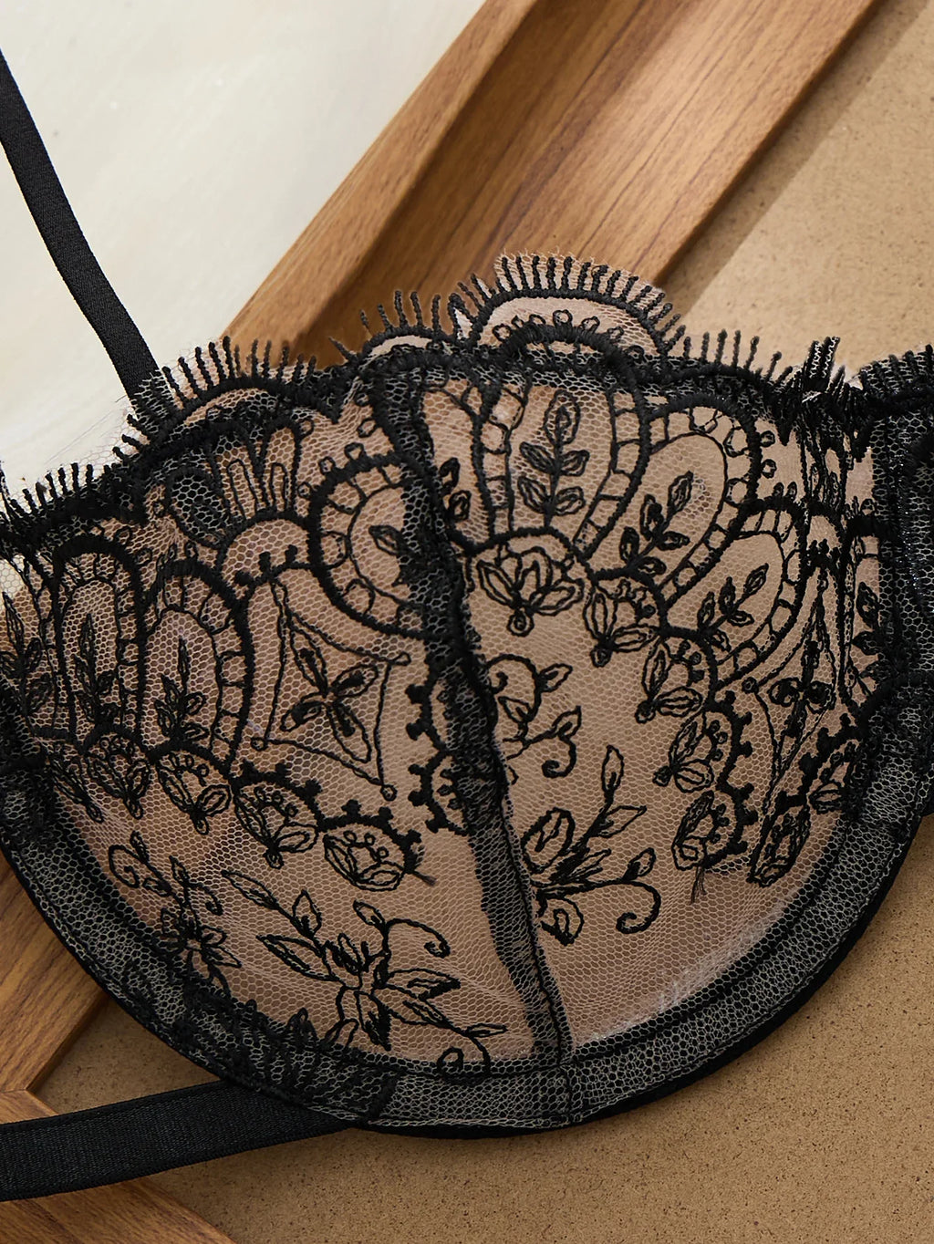 Lady's black strapless lace lingerie set - half cup shaping bra plus thong set - sexy see-through netting lingerie set ZA825201