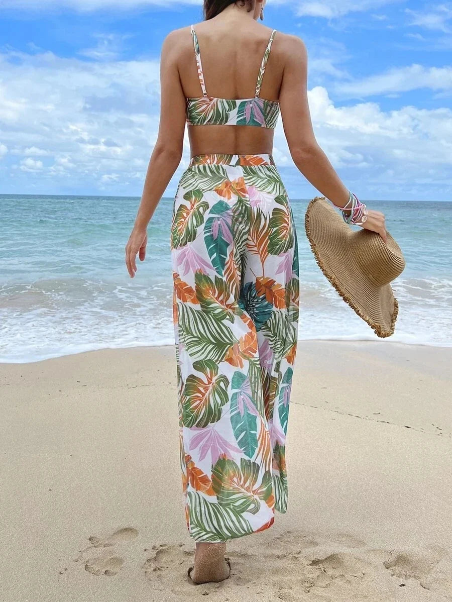 3 Pieces Strappy Bikini 2026 Women Printed Swimsuit Sexy Swimwear Female With Beach Pants Bathers Bathing Swimming Swim Suit