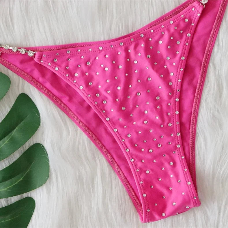 Bikini 2026 Sexy Swimwear Swimsuit Women Rose Red Rhinestone Chain Halter Triangle Bikinis Set Bathing Suit Beach Bikini Luxe