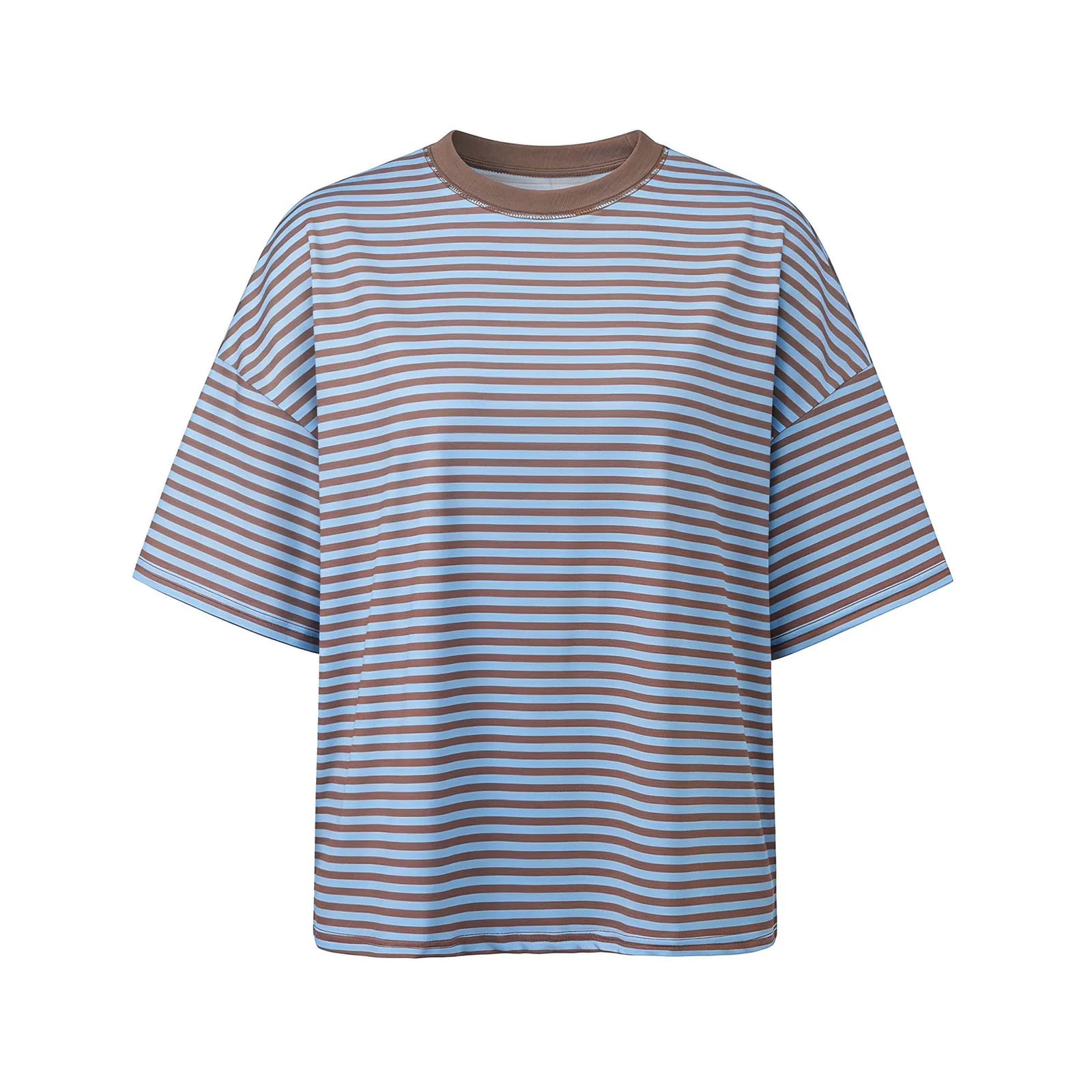 Summer Women's Loose T-shirt Casual Stylish Striped Crew Neck Short Sleeve Drop Shoulder Tee Tops