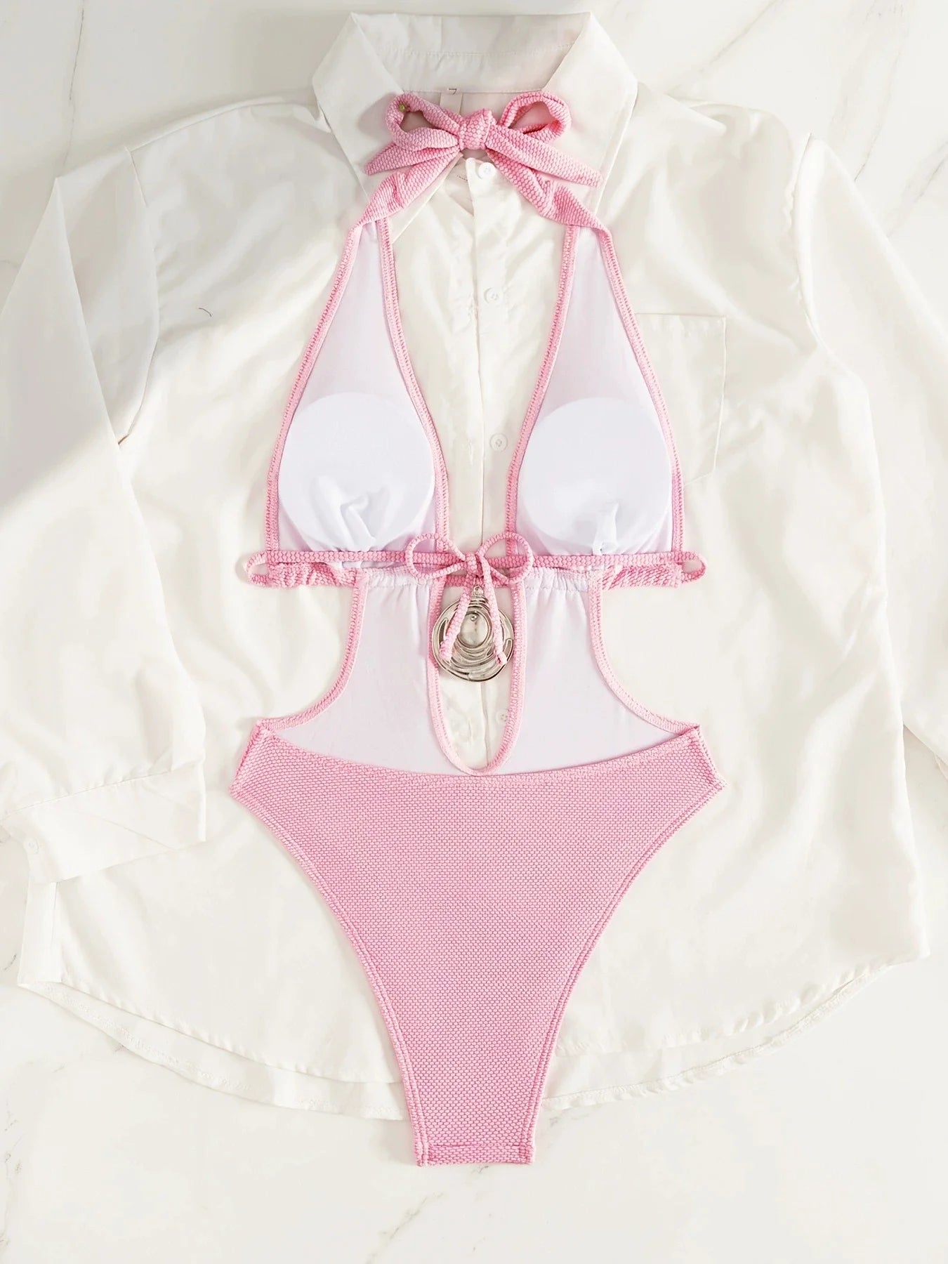 DEKA Pink V NeckOne Piece Swimsuit Women Swimwear Cut Out Bodysuit Monokini High Leg Swim Suit Cutout Bathing Suit Beachwear