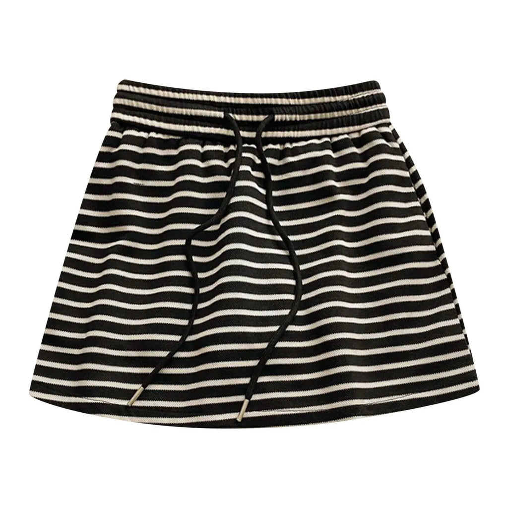 Women's Black White Striped Mini Skirt Drawstring Elastic High Waisted Sports Skirt Summer New Korean Style Sports Skirts 2026