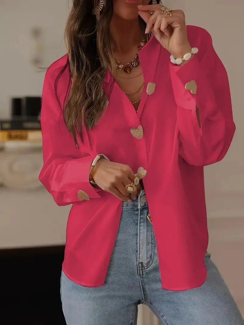 Women Elegant Commute Long Sleeve Shirt Heart Button Down Blouse Casual Office Wear Tops
