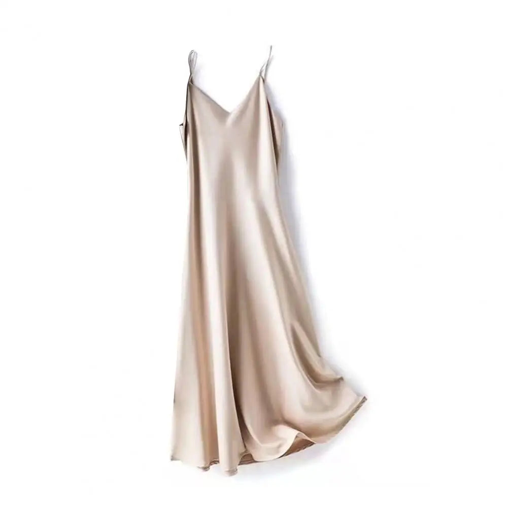 Women Evening Dress V Neck Low Cut Spaghetti Strap Solid Color Backless Dress-up Sleeveless Satin Wedding Party Midi Dress