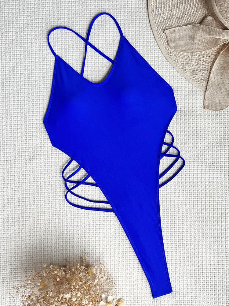 Sexy Extreme G String Thong Women Ribbed Swimwear One Piece Swimsuit Female Cross Backless Monokini High Cut Bathing Suit Swim
