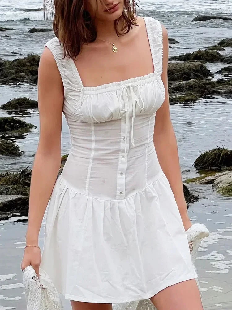 Foridol Bowknot Smocked White Short Dress Women Summer Cotton Mini Sleeveless Tank Sundress Beach Chic Buttons Dress for Petite