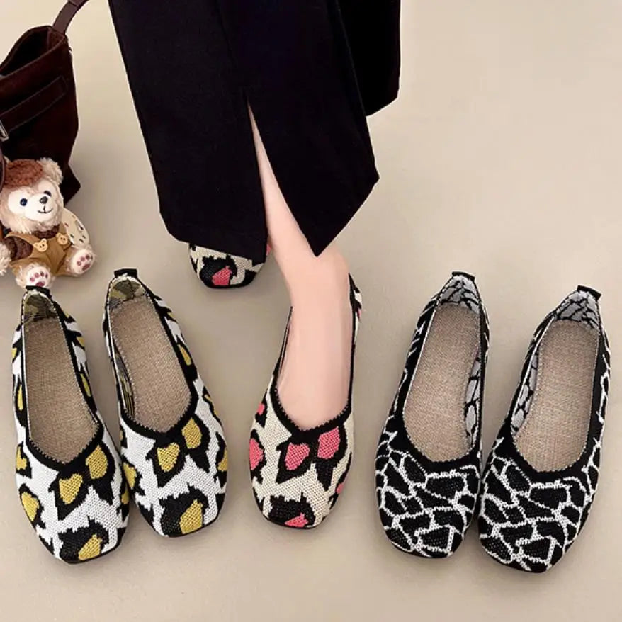 Leopard Color Square Toe Knitted Loafers Women Leisure Flat Shoes Soft Bottom Shallow Ballet Flats Casual Slip on Boat Shoes