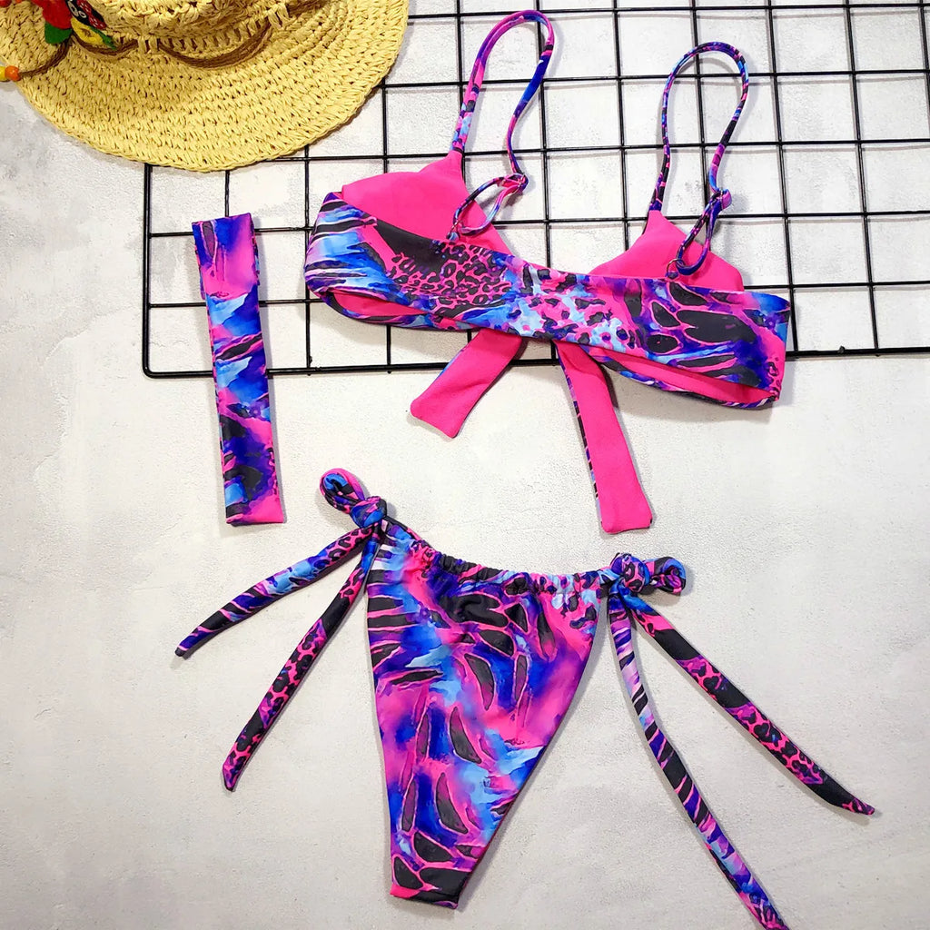 Sexy Bikini Women Push Up Swimwear Swimsuit Colorful Print Bowknot Bikinis Set Bathing Suit Beach Bikini Female with Headband