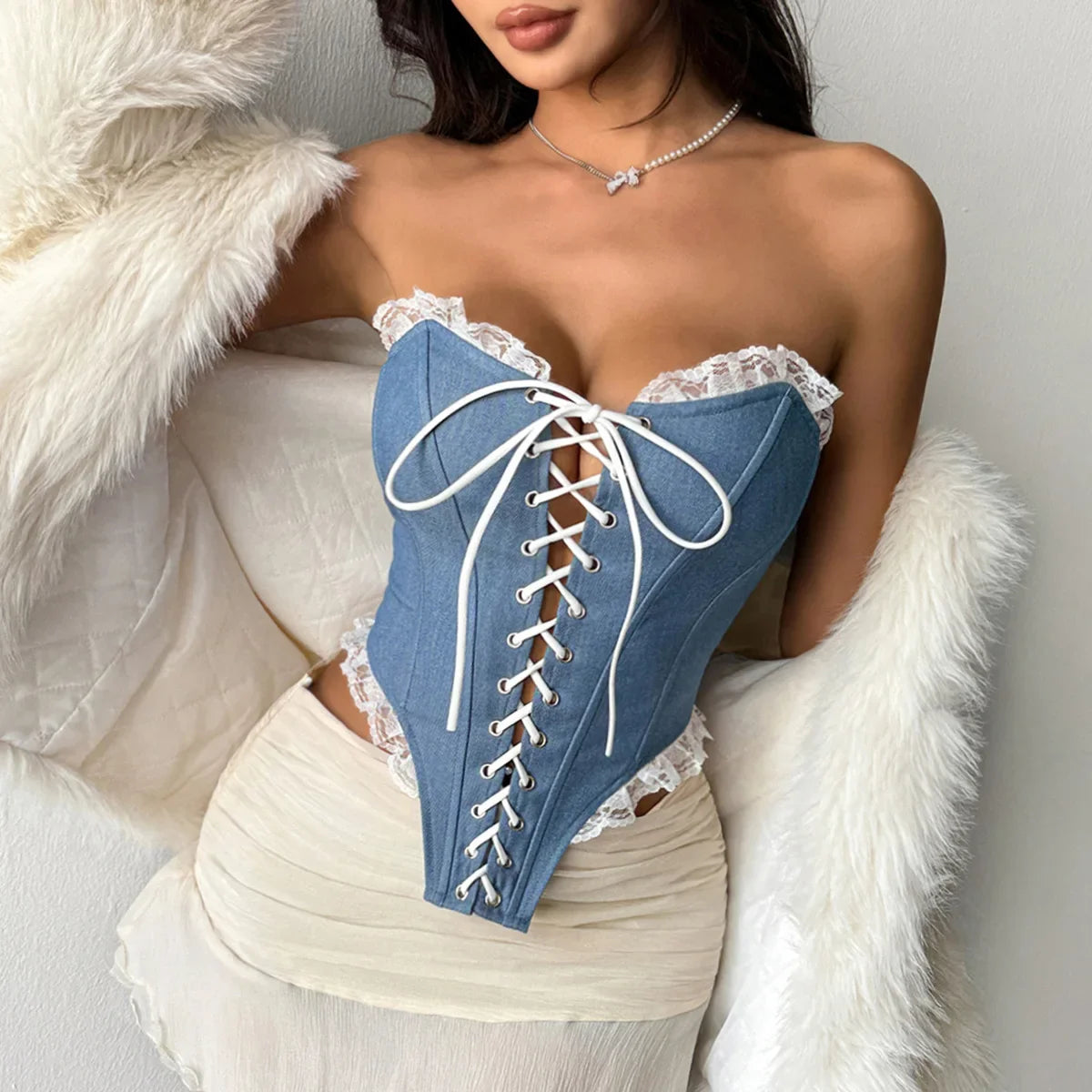 Sexy Imitates Denim Camisole Women Off Shoulder Lace Trim Bandage Cross Slim Fit Fishbone Tank Top 2026 Lady Club Party Vest