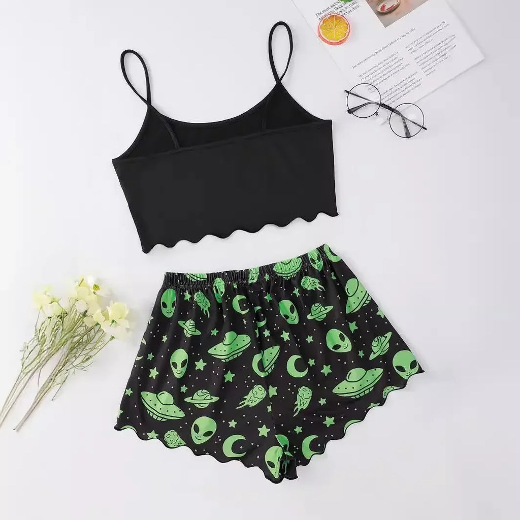 Sexy Alien Print Sling Sleepwear Women's Pajamas Set V-Neck Pyjamas Female Homewear Sleeveless Cute  Top And Shorts