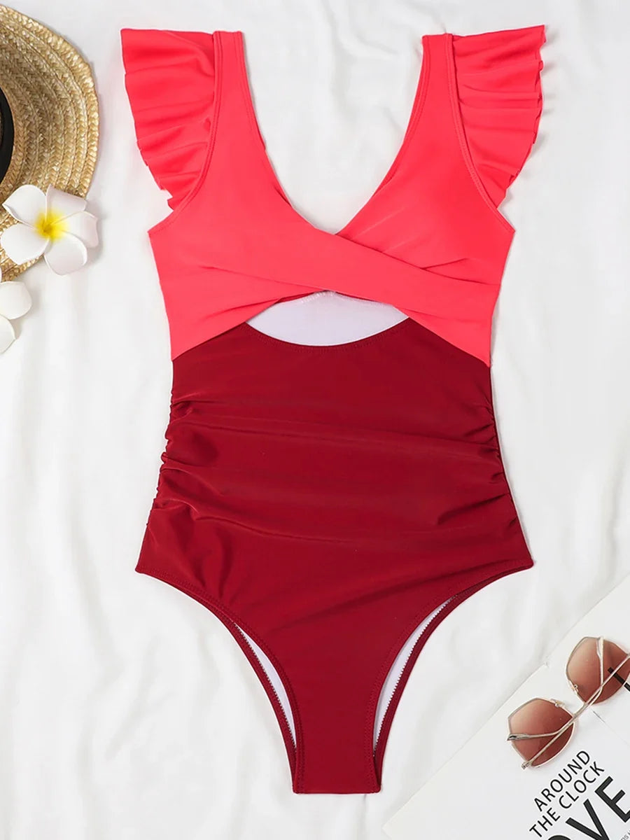 2026 Hollow Out Cross Ztvitality Swimsuit One Piece Solid Ruffle Swimwear Women Bathing Swimming Swim Suit Female Beach Wear