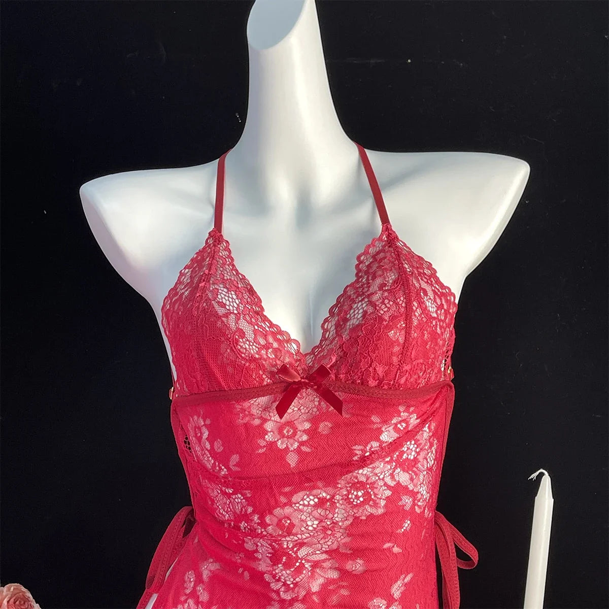 Women Lingerie Lace Underwear Transparent Erotic Costumes Red Split Sexy Dress For Sex Lady Sleepwear Plus Size Nightdress