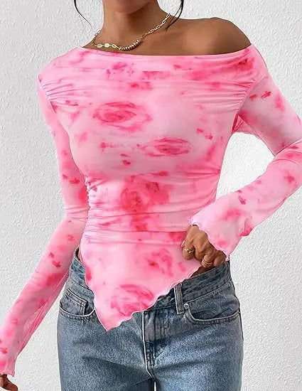 Women's Off-Shoulder Ruffled Sleeve Long-Sleeve Top with Asymmetrical Tie-Dye Mesh Asymmetrical Pleated Floral Print T-Shirt