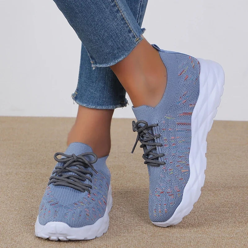 Mixed Color Knitted Platform Sneakers Women Spring Summer Casual Thick Sole Sports Shoes Woman Lace Up Non Slip Walking Shoes