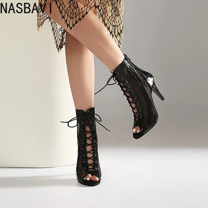 Plus Size Women Patent Leather Mesh Spliced Ankle Boots Back Zipper Peep Toe Lace Up Stiletto High Heels Hollow Out Summer Booti