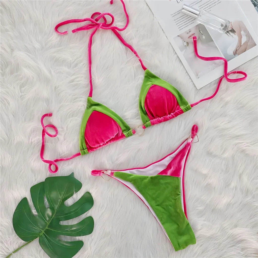 Splicing Halter High Leg Cut Padded Bikini Female Swimsuit Women Swimwear Two-Pieces Bikini Set Bather Bathing Suit Swim V6148