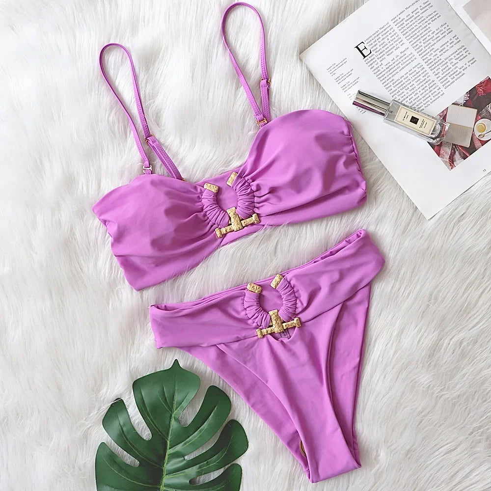 9 Colors Sexy Bikini Women Swimwear Swimsuit High Waist Metal Decor Leopard Print Female Bikinis Set Bathing Suit Beach Biquinis