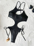 Women black snake print metallic swimsuit one piece irregular hollow backless bikini Swimwear bathing suit beach outfit bodysuit
