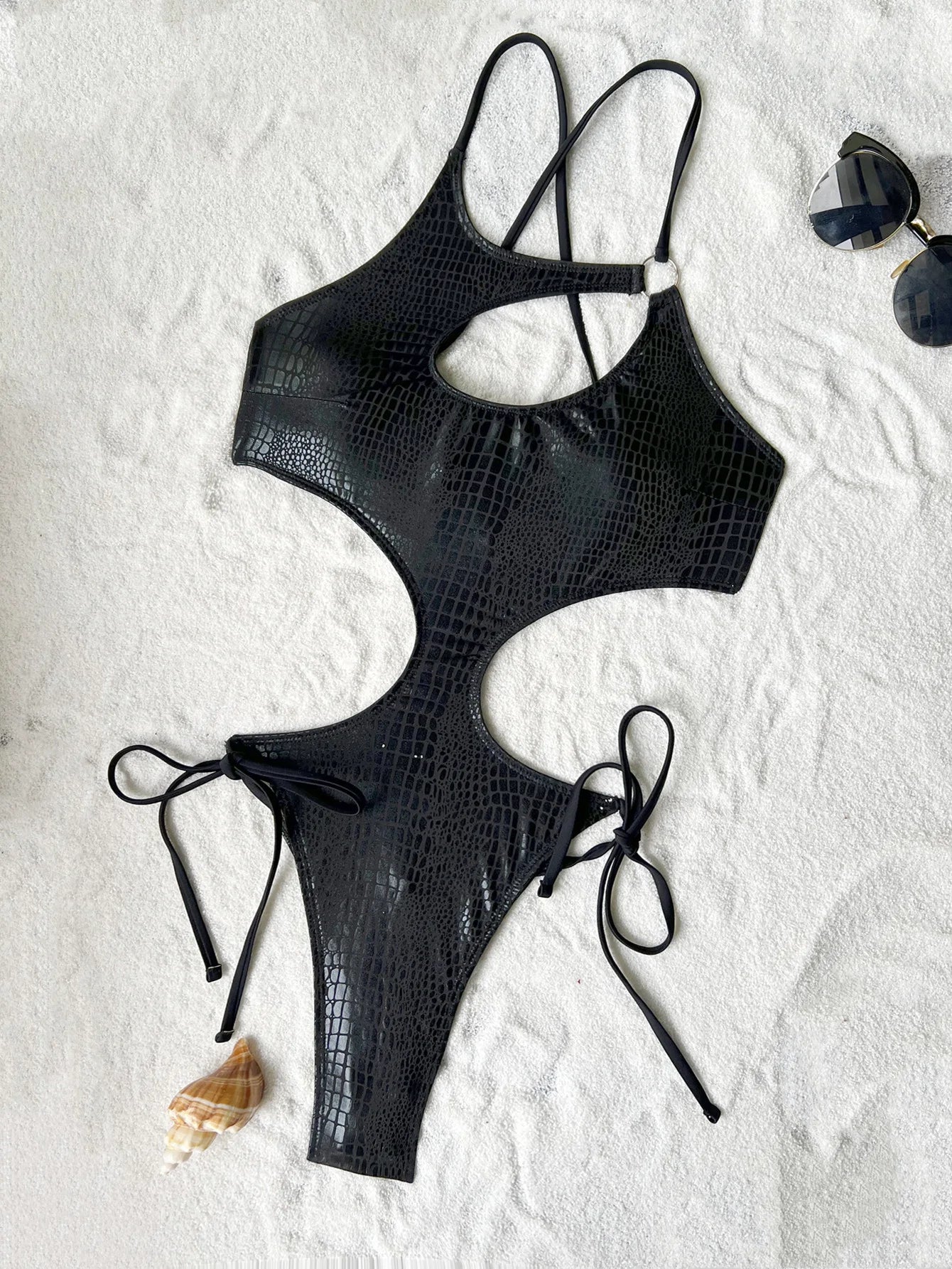 Women black snake print metallic swimsuit one piece irregular hollow backless bikini Swimwear bathing suit beach outfit bodysuit
