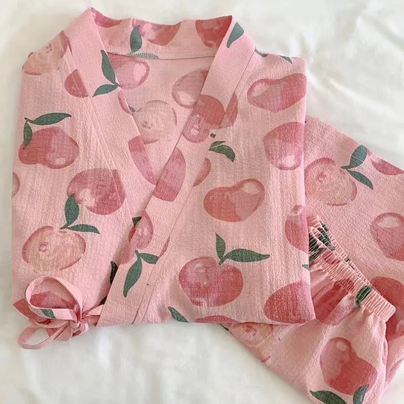 Womens Nightwear Loungewear Kimono Pajamas Student Short Sleeves Shorts Peach Print Tops and Pants Set Sleepwear Comfortable