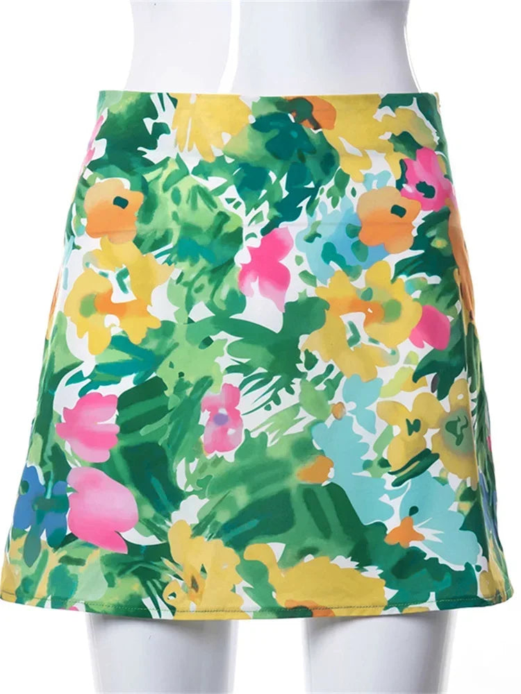 Women Floral Mini Skirts High Waist Bohemian Beach Vintage Casual Skirts Summer Aesthetic Y2K Clothes Streetwear