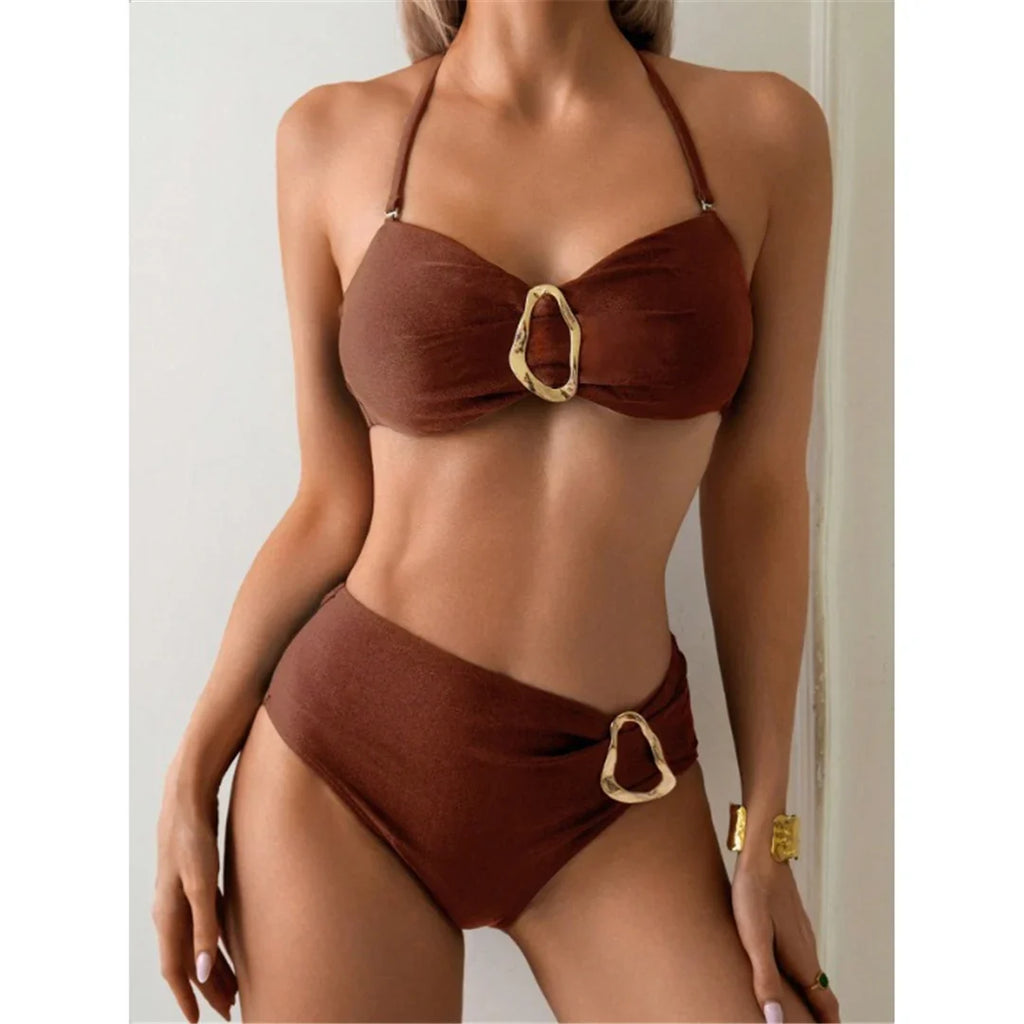 S - XL Metal Ring Halter Female Swimsuit High Waist Bikini Women Swimwear Two-Pieces Bikini Set Bather Bathing Suit Swim V6933