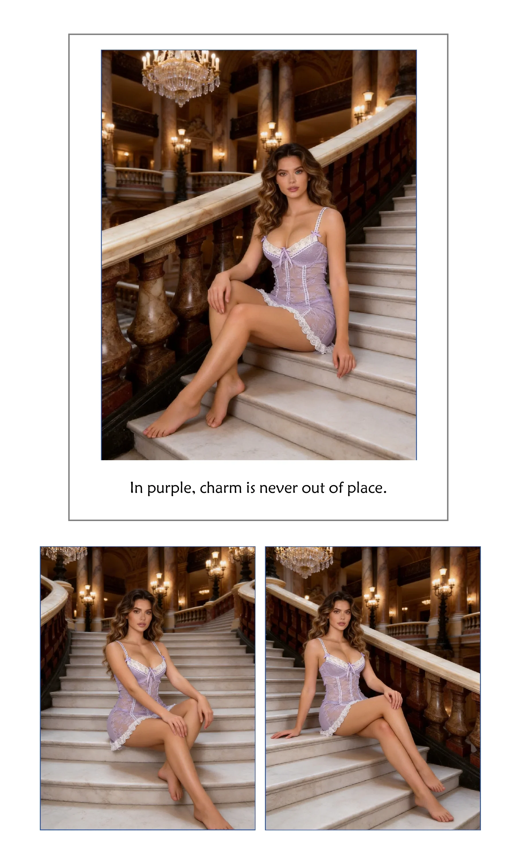 Purple Sexy Lace Ruffled Suspender Babydoll Nightdress for Women Push Up Chemise Sleepwear Lingerie