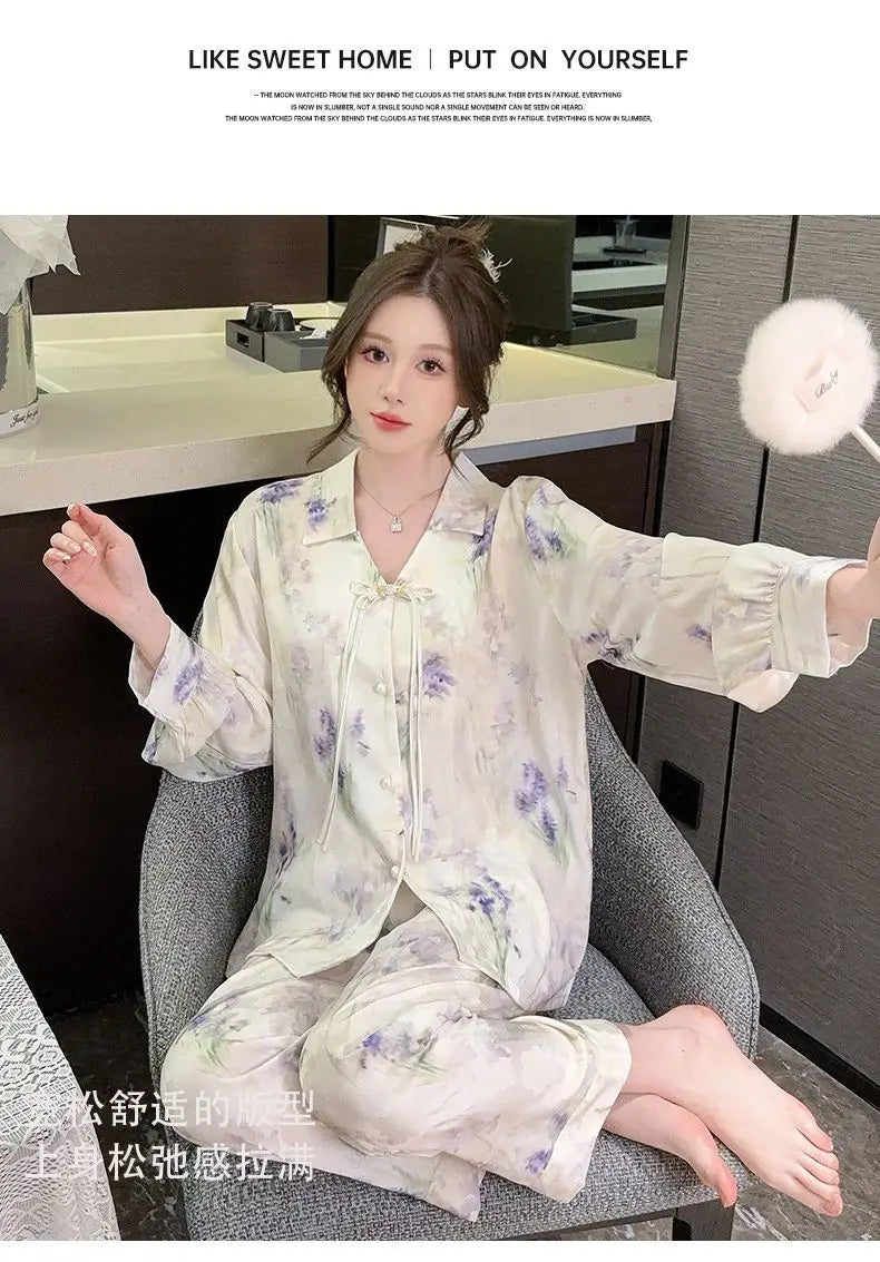 Spring and summer new Chinese style pajamas, ice silk long sleeves, large size home clothes set, retro buckle home clothes
