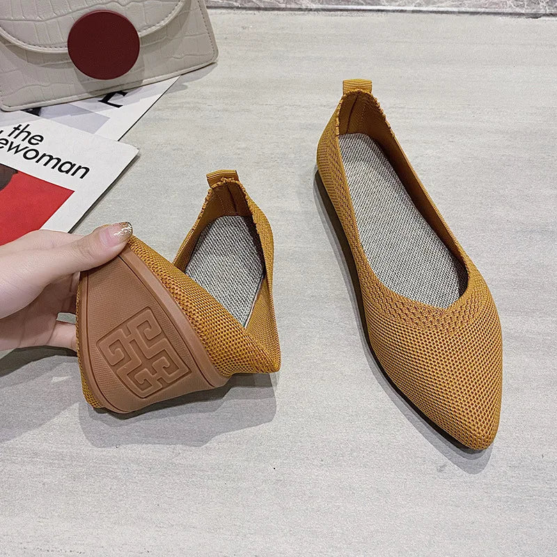 Elegant Leopard Knitted Ballet Flats Woman Pointed Toe Mesh Moccasins Ladies Fashion Walking Loafers Slip-on Soft Driving Shoes