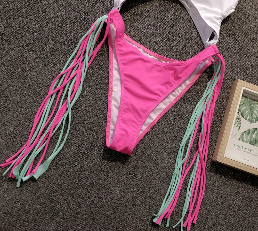 DEKA Long Tassel One Piece Swimwear Hollow Out Women Backless Swimming Suit Cut Out Halter Cross Swimsuit Female Beachwe Bathing