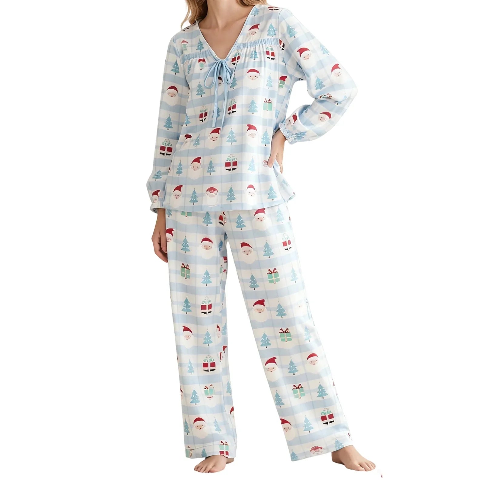Women Christmas Pajamas Long Sleeve Tie-up V Neck Tops and Pants Loose Fall Winter Two Piece Loungewear