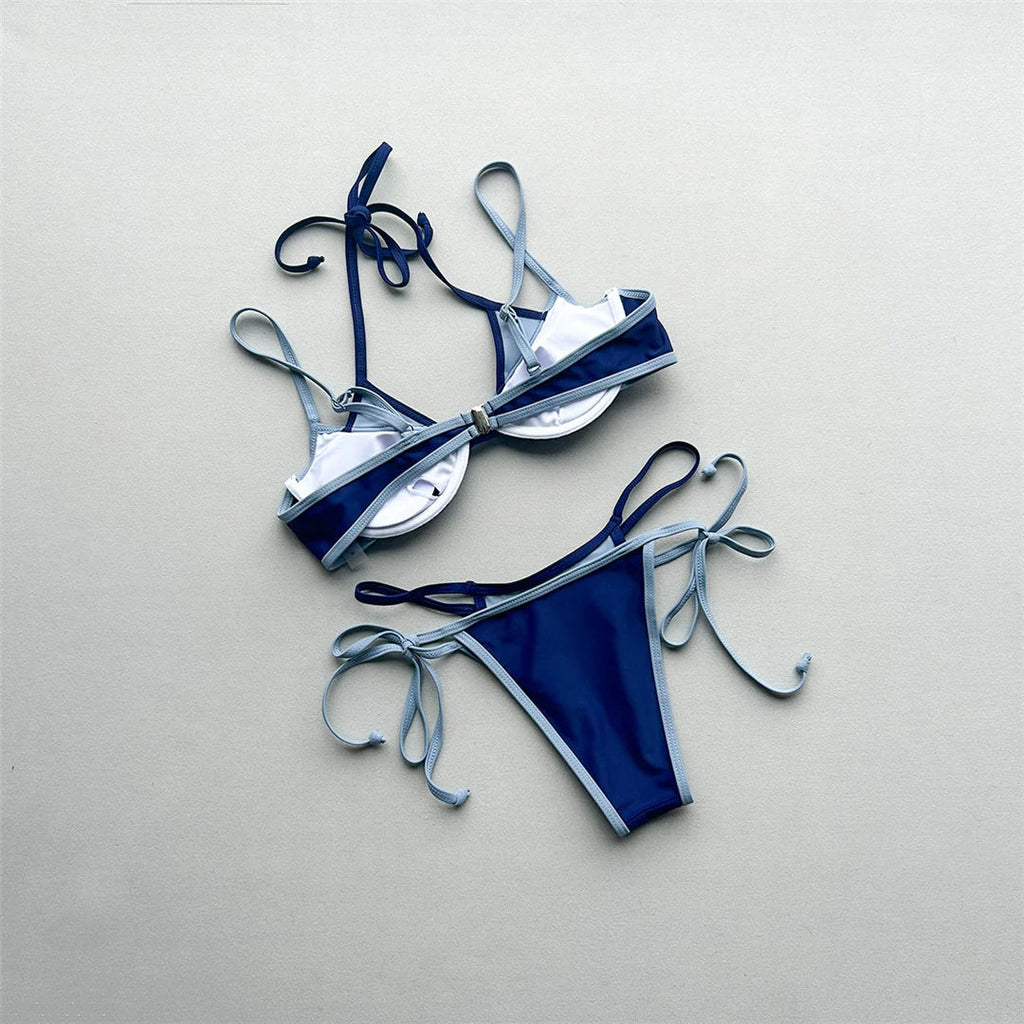 Halter Splicing Bikini Female Swimsuit Women Swimwear Two-pieces Bikini Set Underwired Strappy Bather Bathing Suit Swim V8173