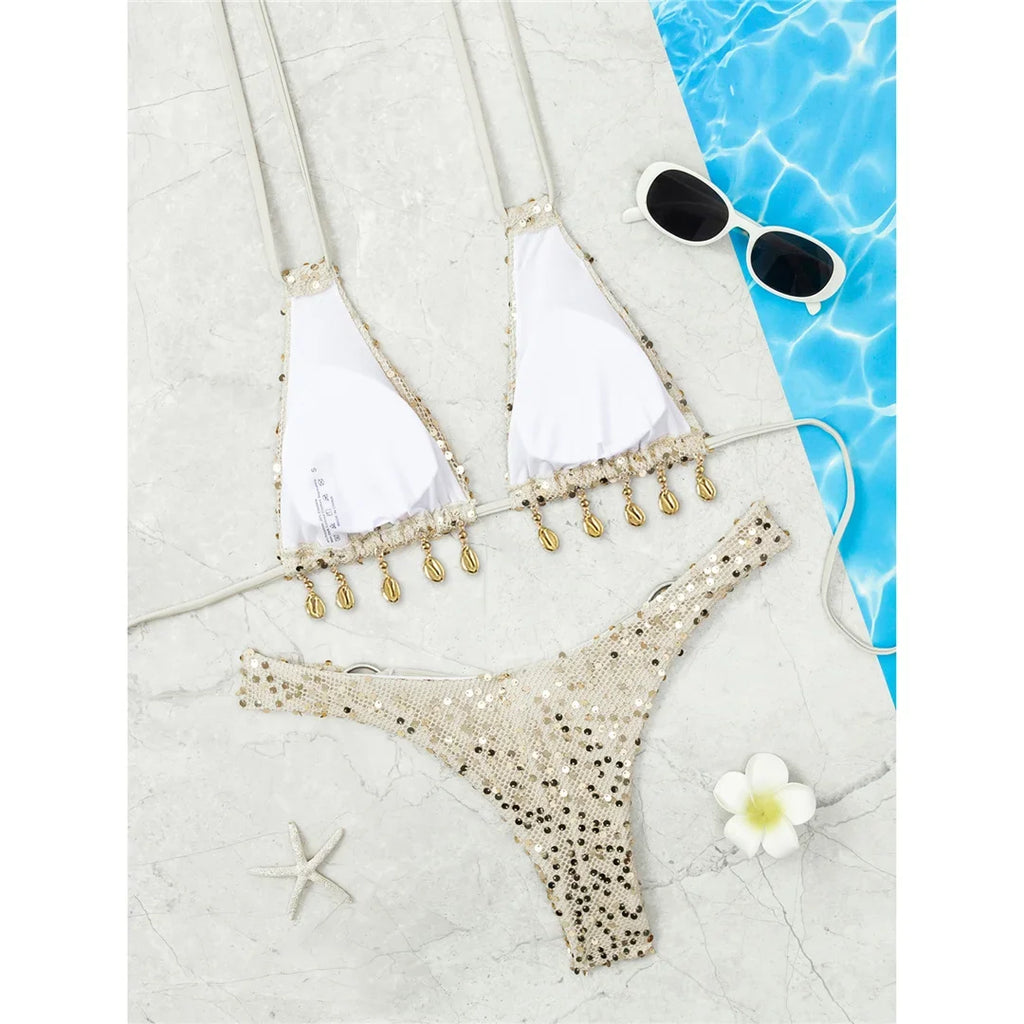 Shiny Sequins Halter Bikini Female Swimsuit Women Swimwear Two-pieces Bikini Set Brazilian Padded Bather Bathing Suit Swim V7619
