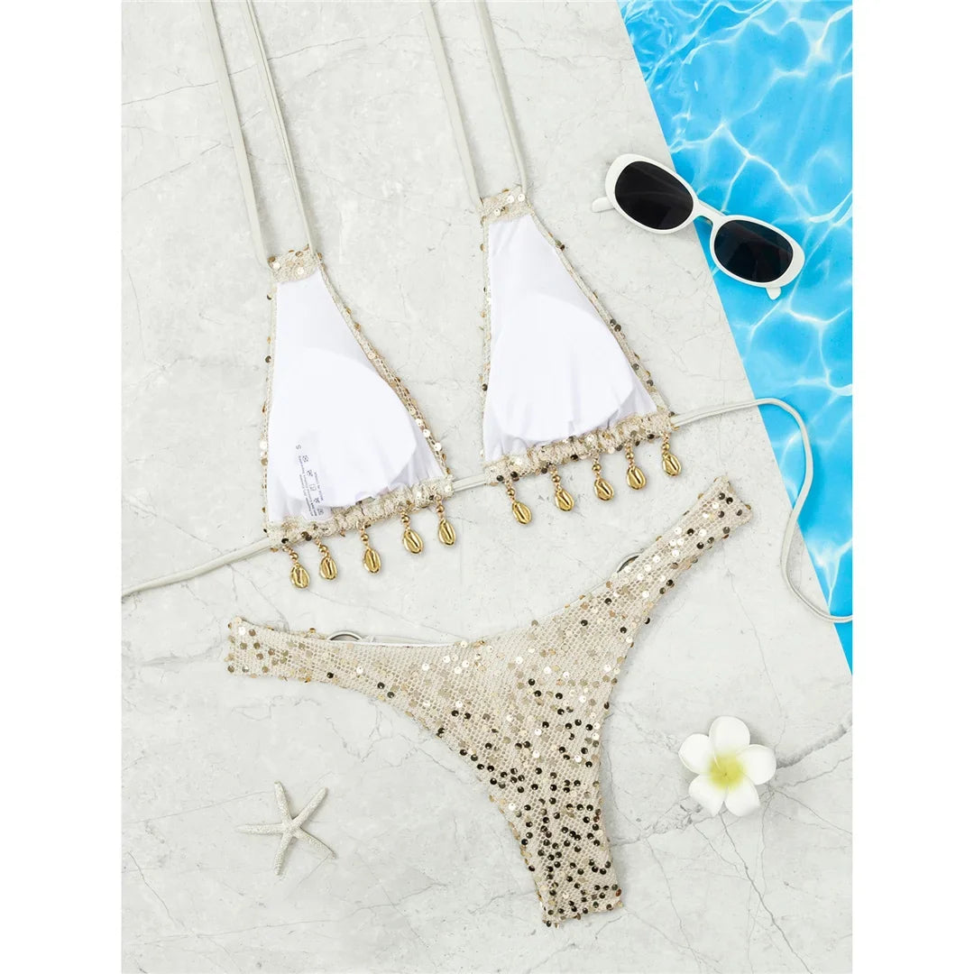Shiny Sequins Halter Bikini Female Swimsuit Women Swimwear Two-pieces Bikini Set Brazilian Padded Bather Bathing Suit Swim V7619