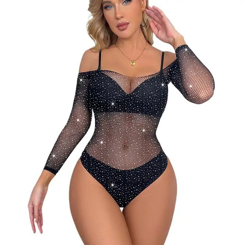 Sexy One-Piece Lingerie Bodysuit Women Bra Set Perspective Rhinestone Underwear Transparent Open Sexy Erotic Lingerie Set