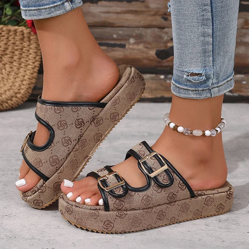 Flowers Embroidery Thick Bottom Sandals Women Fashion Designer Buckle Platform Slippers Woman Summer 2025 Non Slip Sandles Mujer