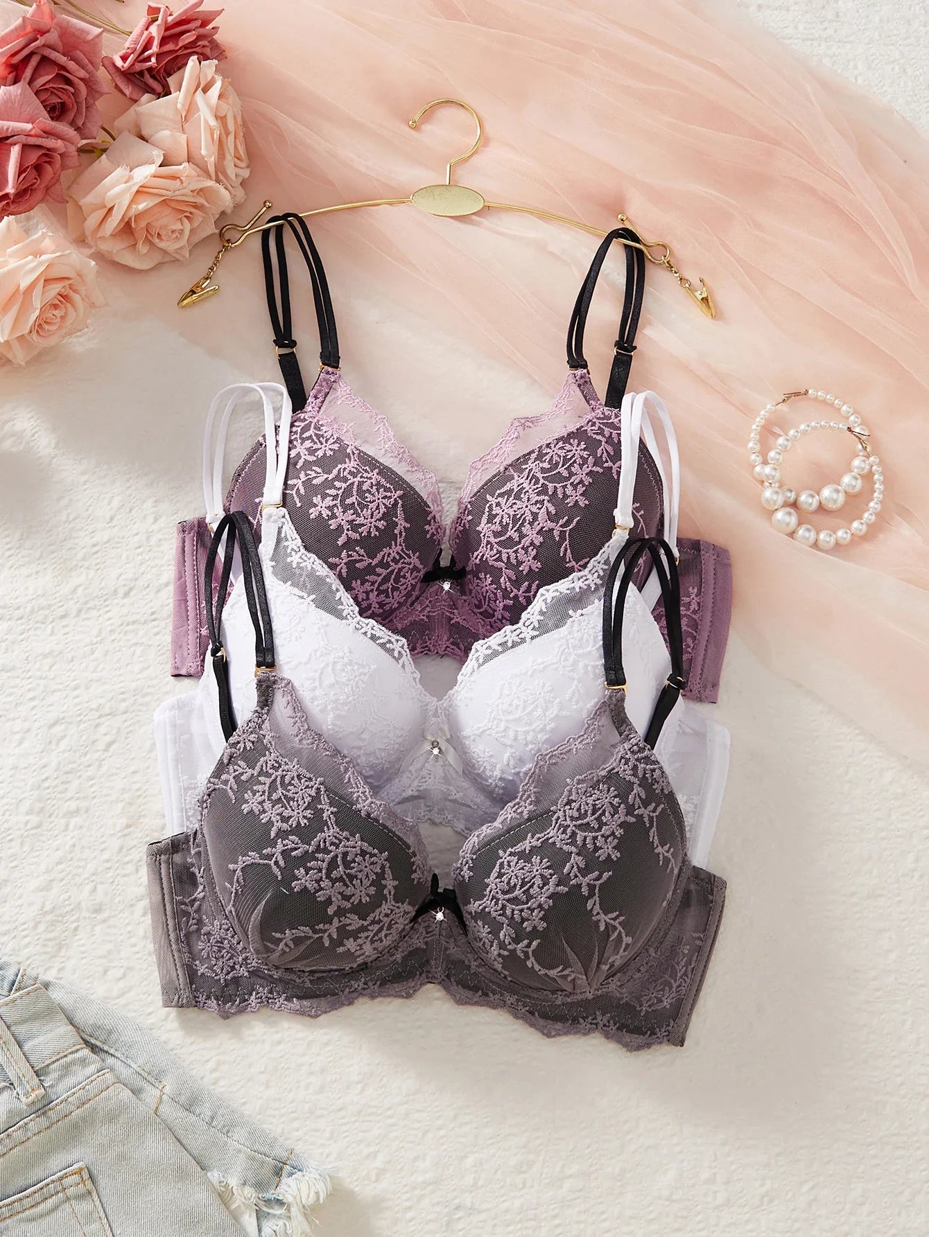 3-Pack Women's Underwear Set Lace Floral Fabric Push-Up Bra for Women Underwire Unpadded Sexy Lingerie Set
