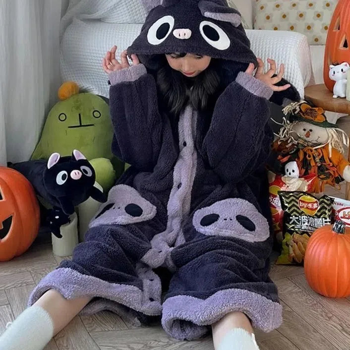 Cartoon Bat Plush Women's Pajamas Robes Anime Nightgown Winter Kawaii Animal Night Dress Halloween Party Vampire Cosplay Costume