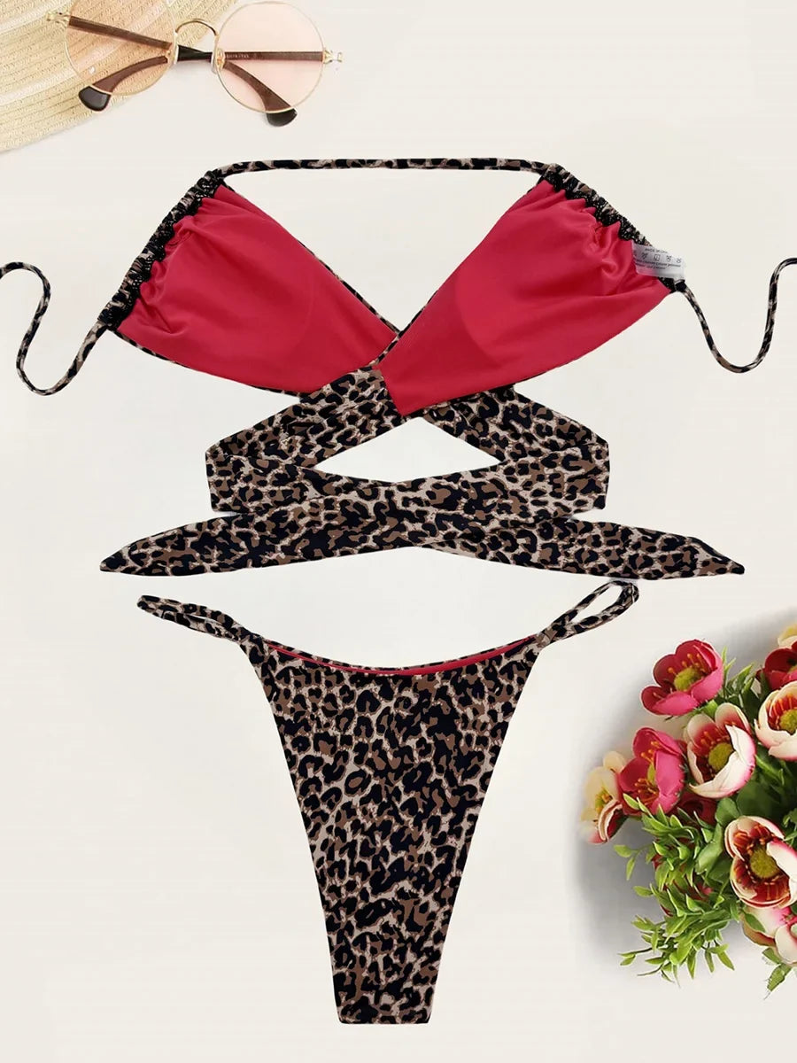 XS - L Leopard Halter Mini Micro Bikini Women Swimwear Female Swimsuit Two-pieces Bikini Set Bather Bathing Suit Swim Beach Wear