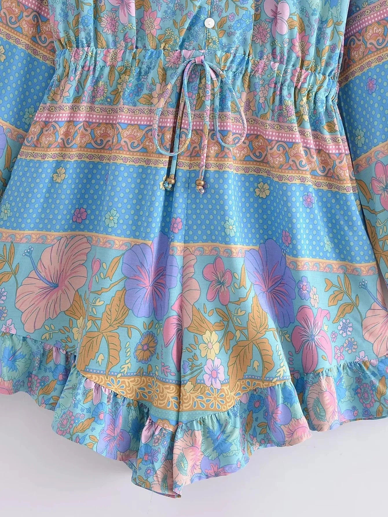 Long Sleeve Spring Summer Short Jumpsuit Women Printed Bohemian Wide Leg Playsuit Female Romper Ruffles Rayon Boho Overalls 2025